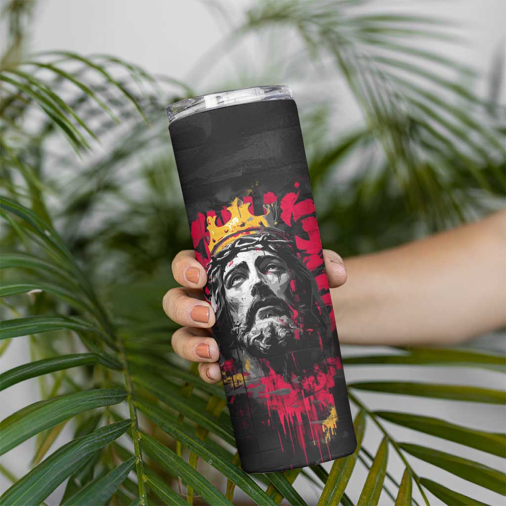 Jesus Graffiti Design Skinny Tumbler Crowned Portrait and Urban Street Art Style in Red Yellow Black Theme - Wonder Print Shop