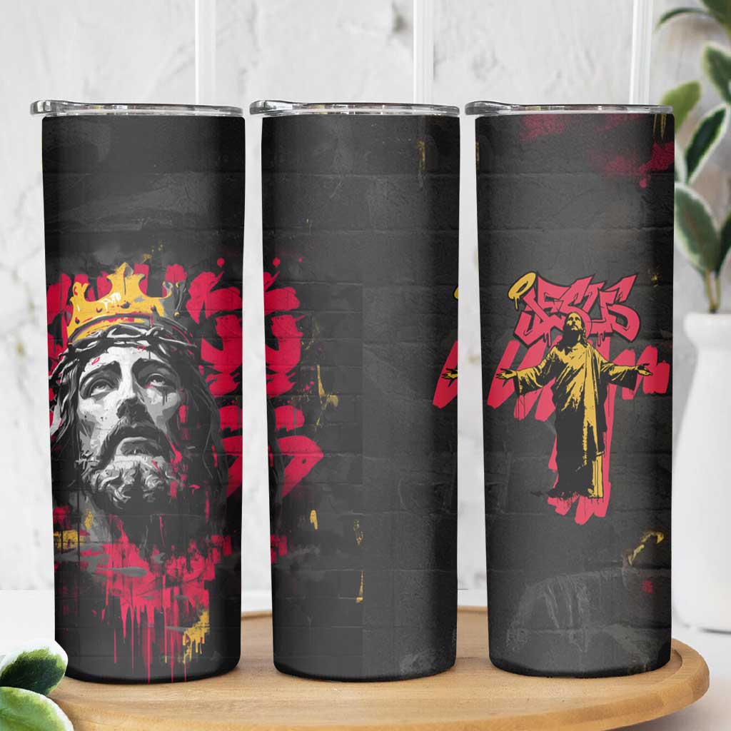 Jesus Graffiti Design Skinny Tumbler Crowned Portrait and Urban Street Art Style in Red Yellow Black Theme - Wonder Print Shop