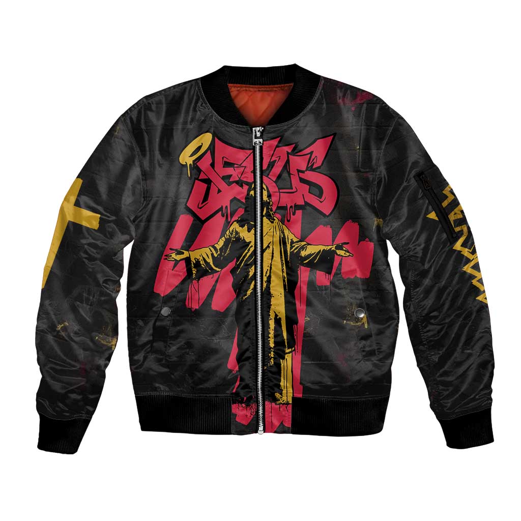 Jesus Graffiti Design Sleeve Zip Bomber Jacket Crowned Portrait and Urban Street Art Style in Red Yellow Black Theme - Wonder Print Shop