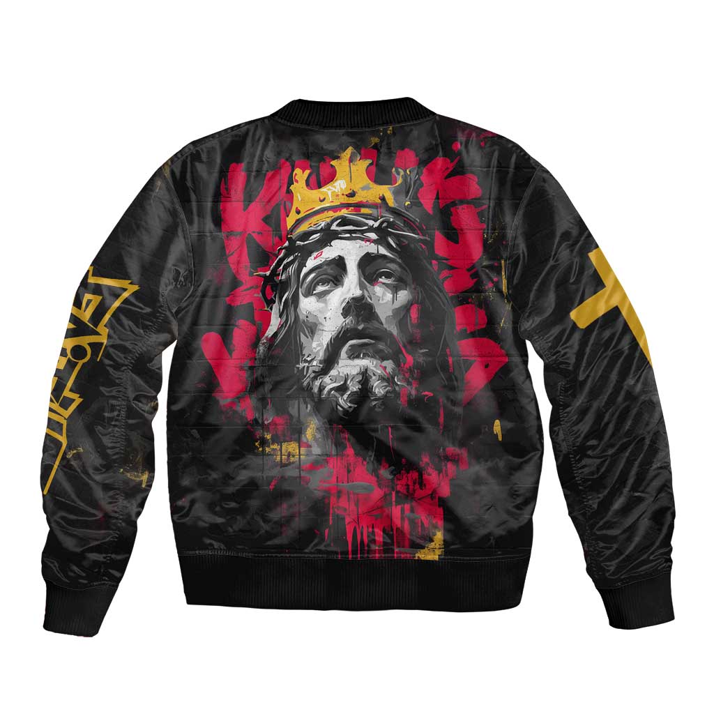 Jesus Graffiti Design Sleeve Zip Bomber Jacket Crowned Portrait and Urban Street Art Style in Red Yellow Black Theme - Wonder Print Shop