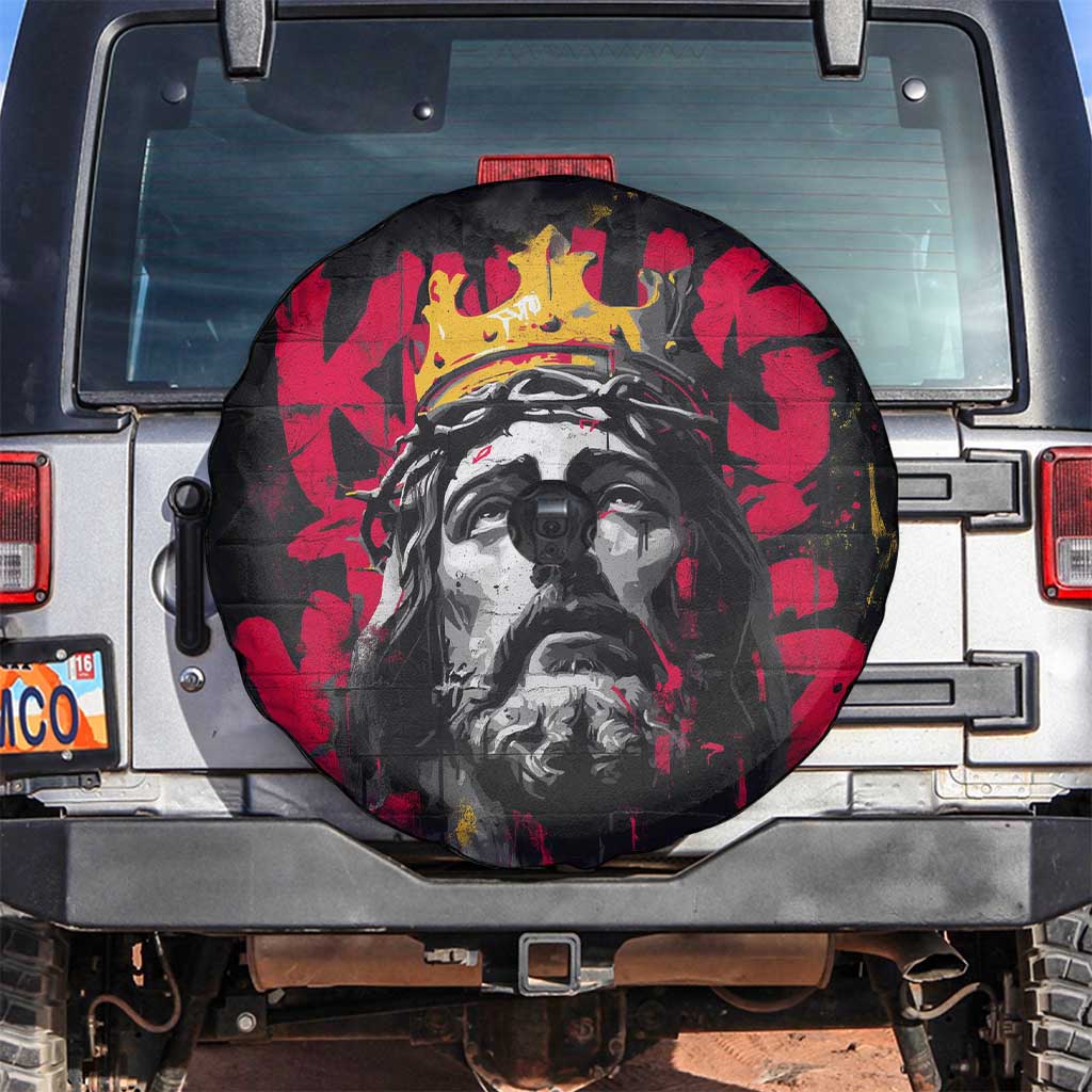 Jesus Graffiti Design Spare Tire Cover Crowned Portrait and Urban Street Art Style in Red Yellow Black Theme - Wonder Print Shop