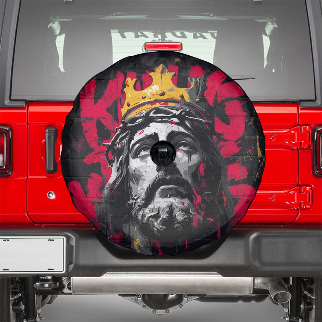 Jesus Graffiti Design Spare Tire Cover Crowned Portrait and Urban Street Art Style in Red Yellow Black Theme - Wonder Print Shop
