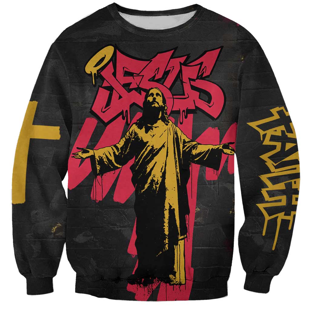 Jesus Graffiti Design Sweatshirt Crowned Portrait and Urban Street Art Style in Red Yellow Black Theme - Wonder Print Shop