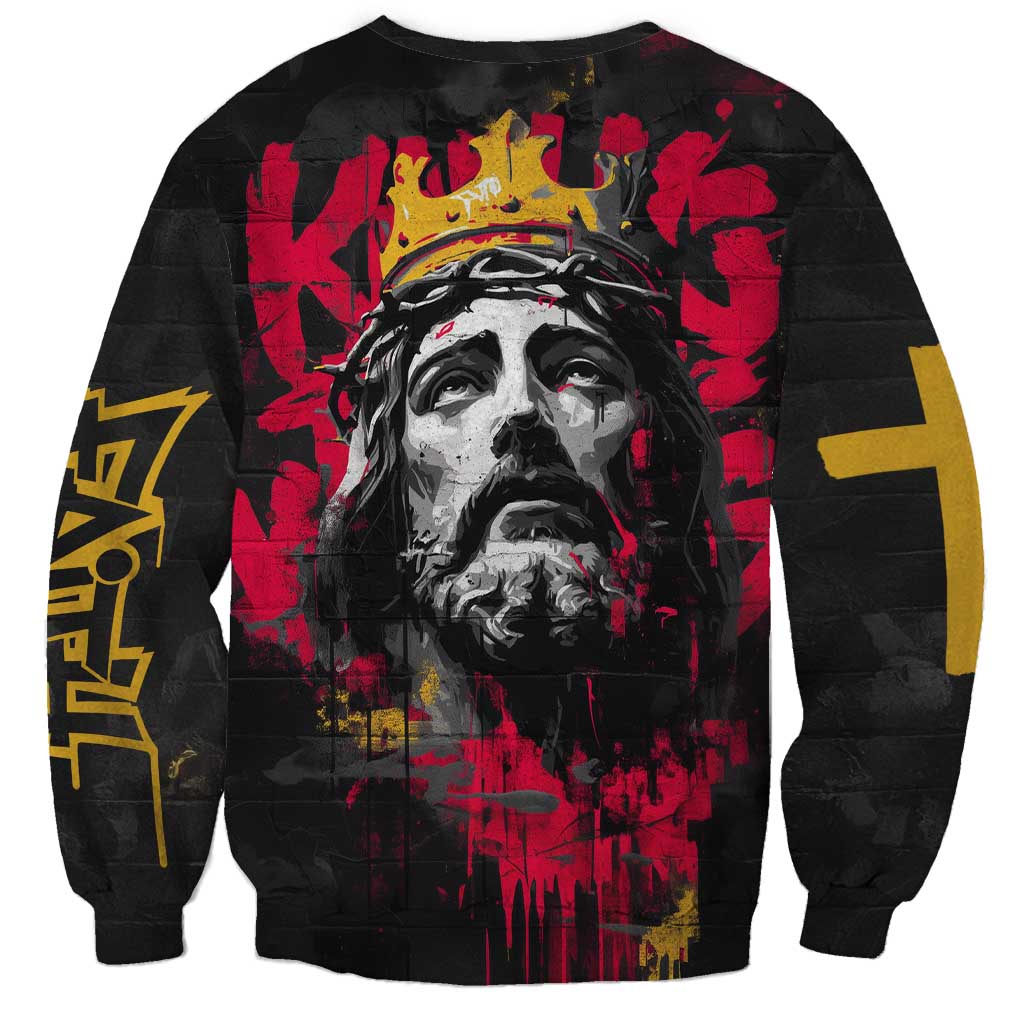 Jesus Graffiti Design Sweatshirt Crowned Portrait and Urban Street Art Style in Red Yellow Black Theme - Wonder Print Shop