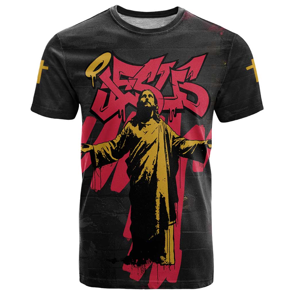 Jesus Graffiti Design T Shirt Crowned Portrait and Urban Street Art Style in Red Yellow Black Theme - Wonder Print Shop