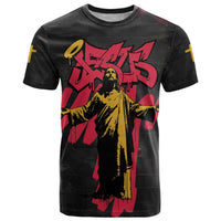 Jesus Graffiti Design T Shirt Crowned Portrait and Urban Street Art Style in Red Yellow Black Theme - Wonder Print Shop