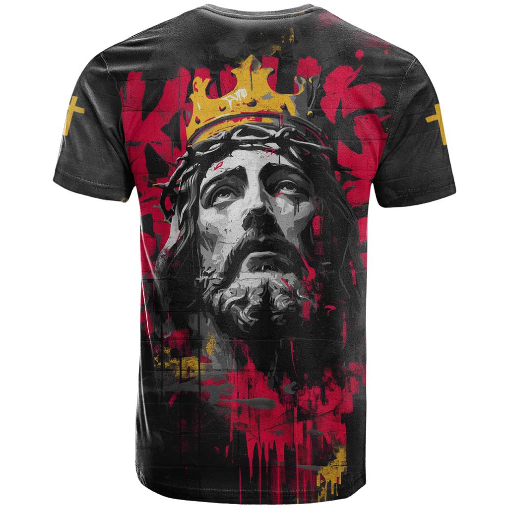 Jesus Graffiti Design T Shirt Crowned Portrait and Urban Street Art Style in Red Yellow Black Theme - Wonder Print Shop
