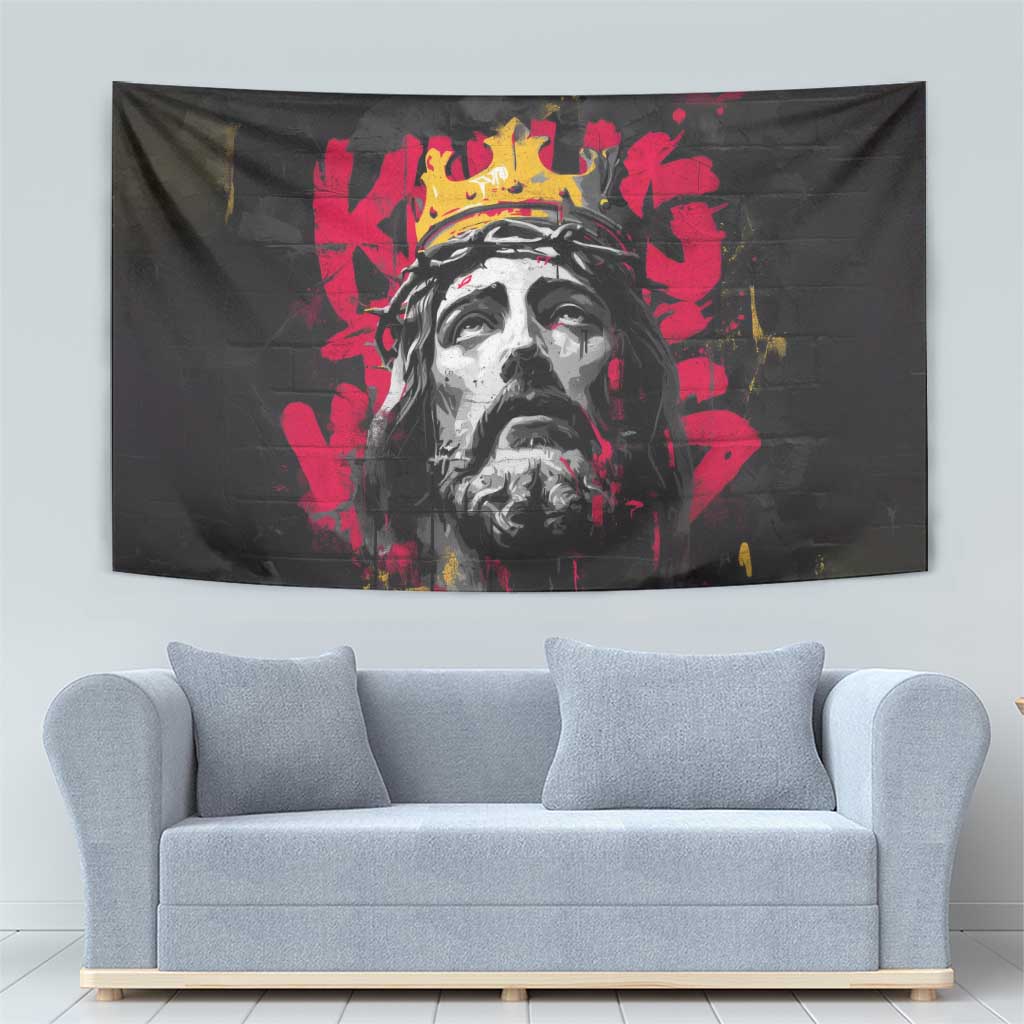 Jesus Graffiti Design Tapestry Crowned Portrait and Urban Street Art Style in Red Yellow Black Theme - Wonder Print Shop
