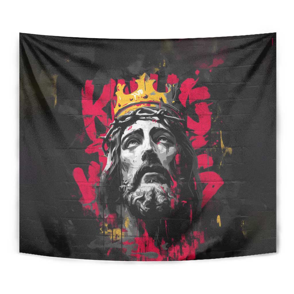 Jesus Graffiti Design Tapestry Crowned Portrait and Urban Street Art Style in Red Yellow Black Theme - Wonder Print Shop
