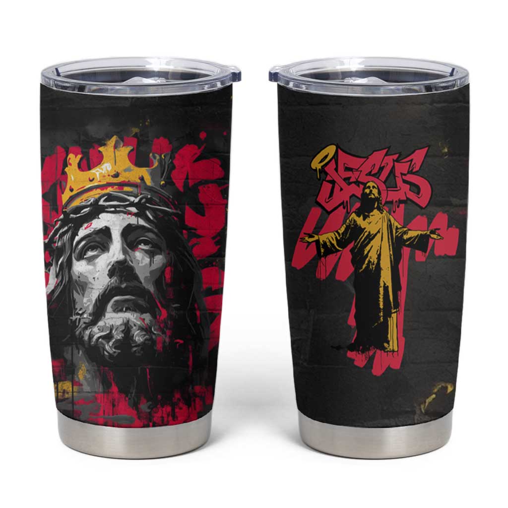 Jesus Graffiti Design Tumbler Cup Crowned Portrait and Urban Street Art Style in Red Yellow Black Theme - Wonder Print Shop