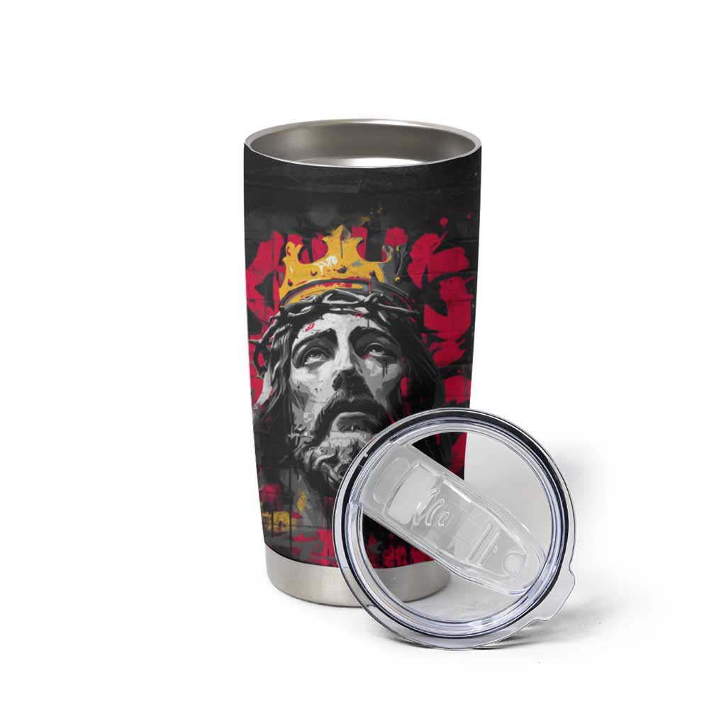 Jesus Graffiti Design Tumbler Cup Crowned Portrait and Urban Street Art Style in Red Yellow Black Theme - Wonder Print Shop
