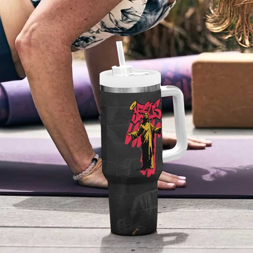 Jesus Graffiti Design Tumbler With Handle Crowned Portrait and Urban Street Art Style in Red Yellow Black Theme - Wonder Print Shop