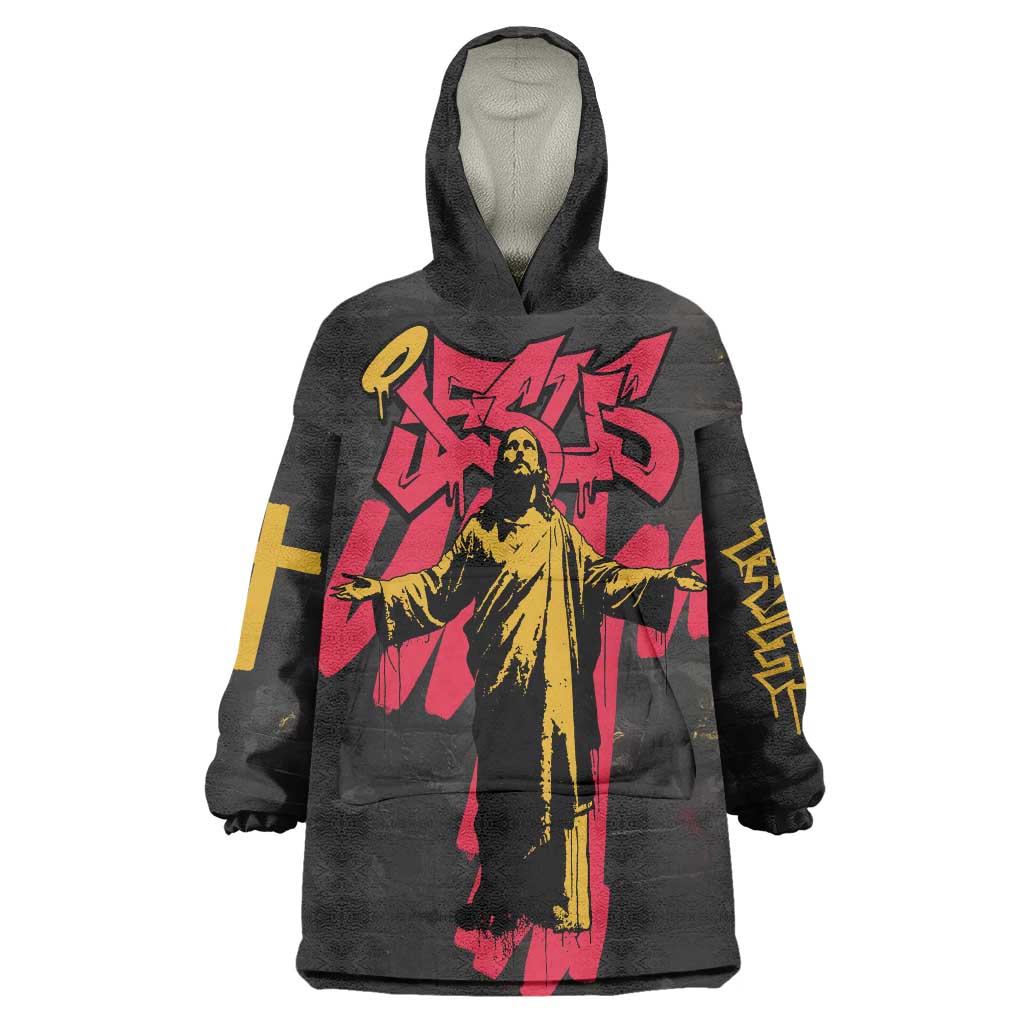 Jesus Graffiti Design Wearable Blanket Hoodie Crowned Portrait and Urban Street Art Style in Red Yellow Black Theme - Wonder Print Shop