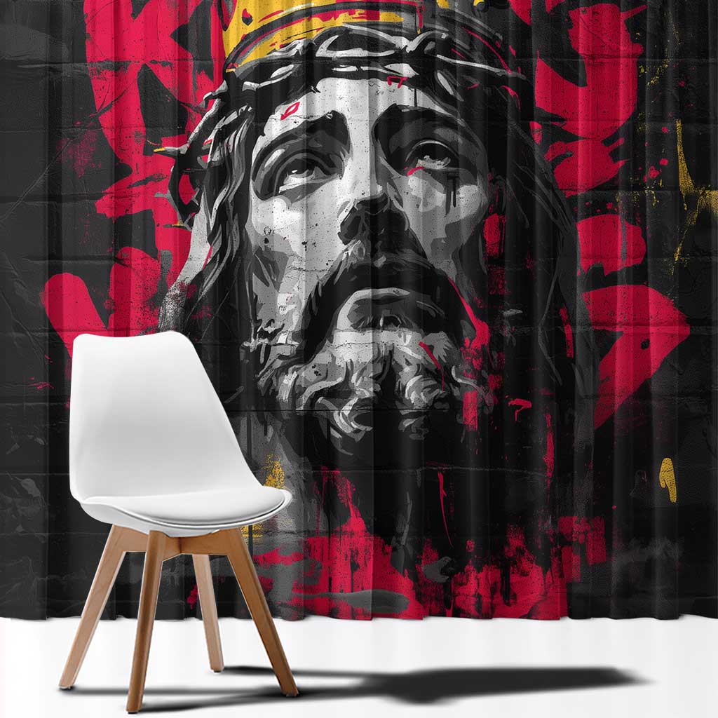 Jesus Graffiti Design Window Curtain Crowned Portrait and Urban Street Art Style in Red Yellow Black Theme - Wonder Print Shop