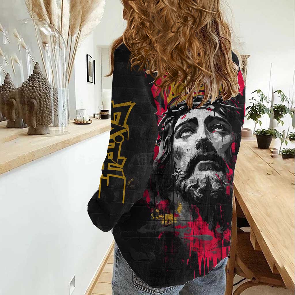 Jesus Graffiti Design Women Casual Shirt Crowned Portrait and Urban Street Art Style in Red Yellow Black Theme - Wonder Print Shop