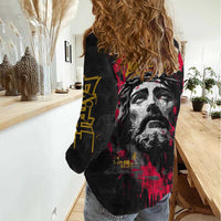 Jesus Graffiti Design Women Casual Shirt Crowned Portrait and Urban Street Art Style in Red Yellow Black Theme - Wonder Print Shop