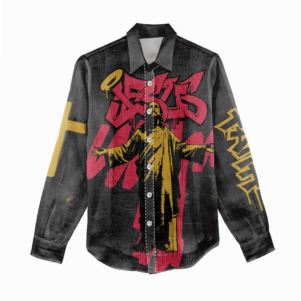 Jesus Graffiti Design Women Casual Shirt Crowned Portrait and Urban Street Art Style in Red Yellow Black Theme - Wonder Print Shop