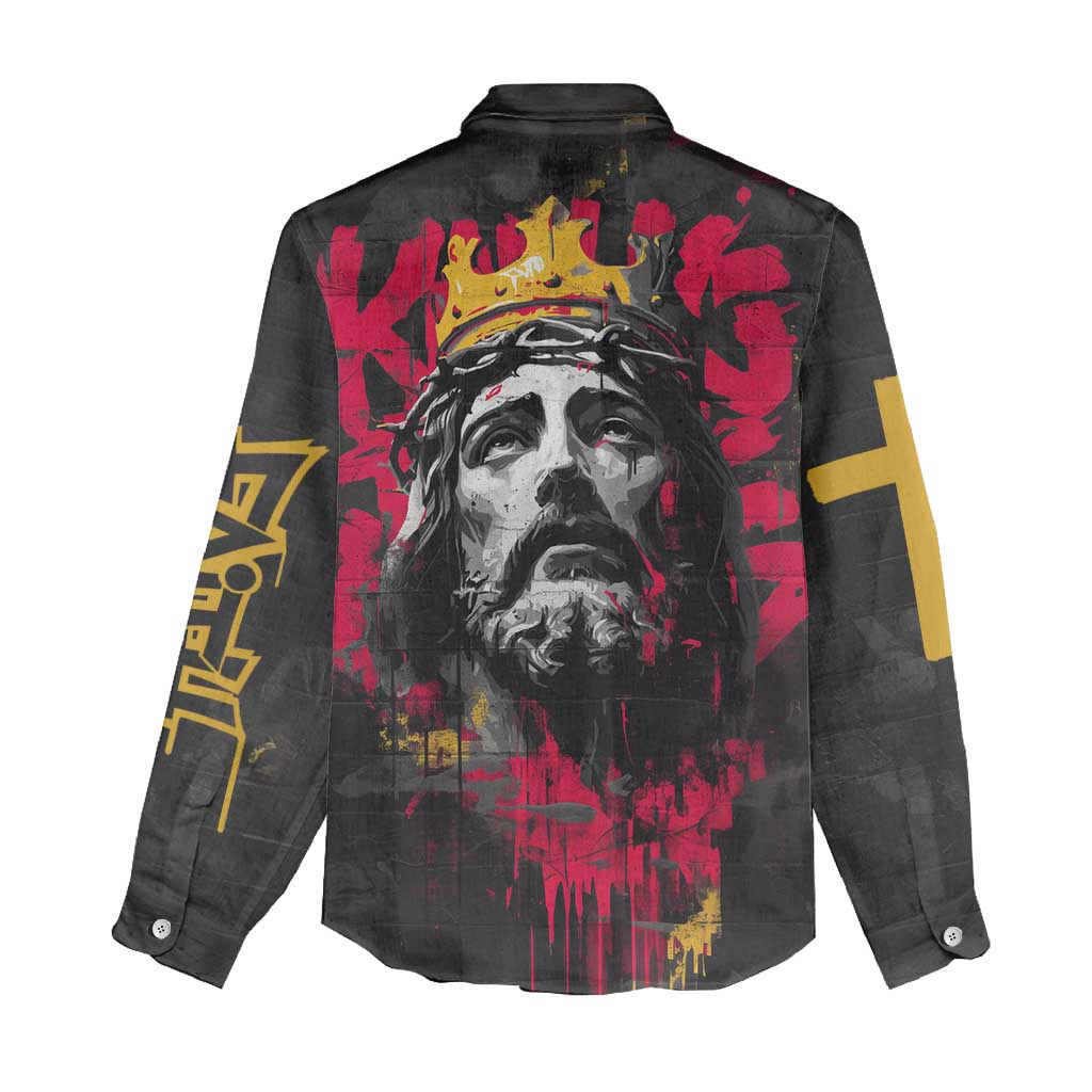 Jesus Graffiti Design Women Casual Shirt Crowned Portrait and Urban Street Art Style in Red Yellow Black Theme - Wonder Print Shop