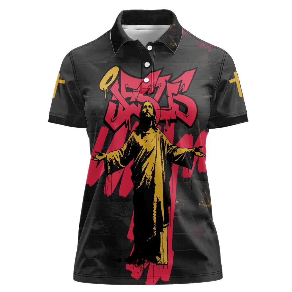 Jesus Graffiti Design Women Polo Shirt Crowned Portrait and Urban Street Art Style in Red Yellow Black Theme - Wonder Print Shop