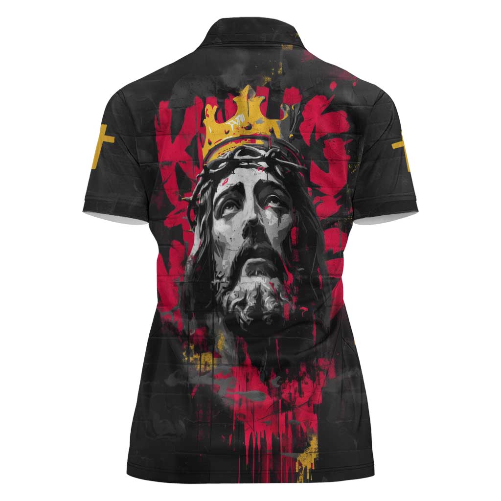 Jesus Graffiti Design Women Polo Shirt Crowned Portrait and Urban Street Art Style in Red Yellow Black Theme - Wonder Print Shop