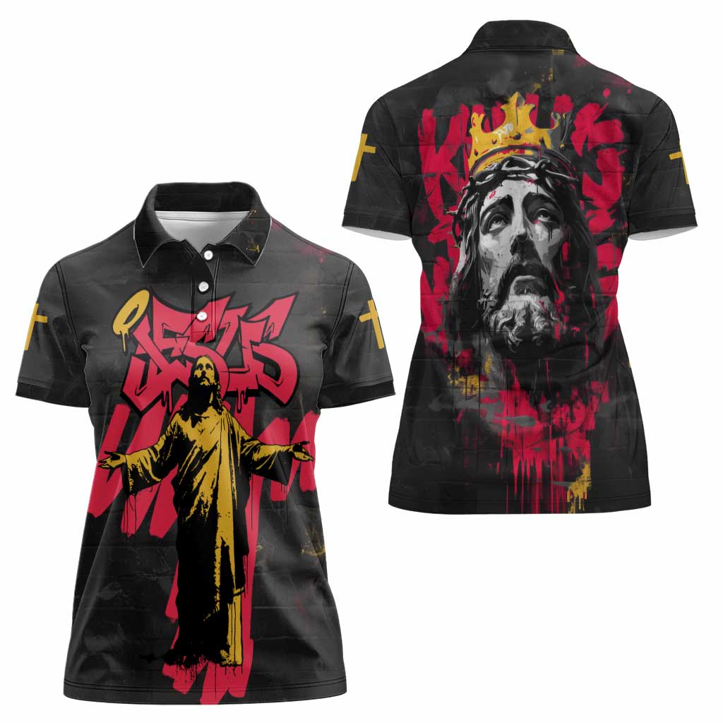 Jesus Graffiti Design Women Polo Shirt Crowned Portrait and Urban Street Art Style in Red Yellow Black Theme - Wonder Print Shop