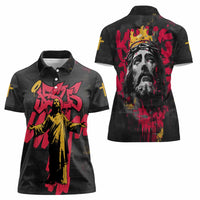 Jesus Graffiti Design Women Polo Shirt Crowned Portrait and Urban Street Art Style in Red Yellow Black Theme - Wonder Print Shop