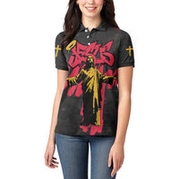 Jesus Graffiti Design Women Polo Shirt Crowned Portrait and Urban Street Art Style in Red Yellow Black Theme - Wonder Print Shop