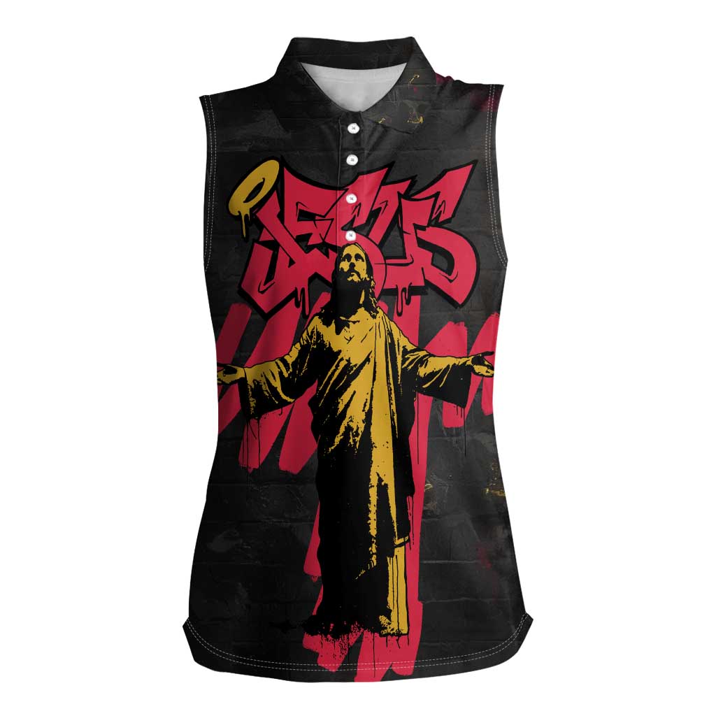 Jesus Graffiti Design Women Sleeveless Polo Shirt Crowned Portrait and Urban Street Art Style in Red Yellow Black Theme - Wonder Print Shop
