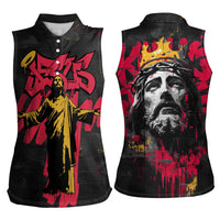 Jesus Graffiti Design Women Sleeveless Polo Shirt Crowned Portrait and Urban Street Art Style in Red Yellow Black Theme - Wonder Print Shop