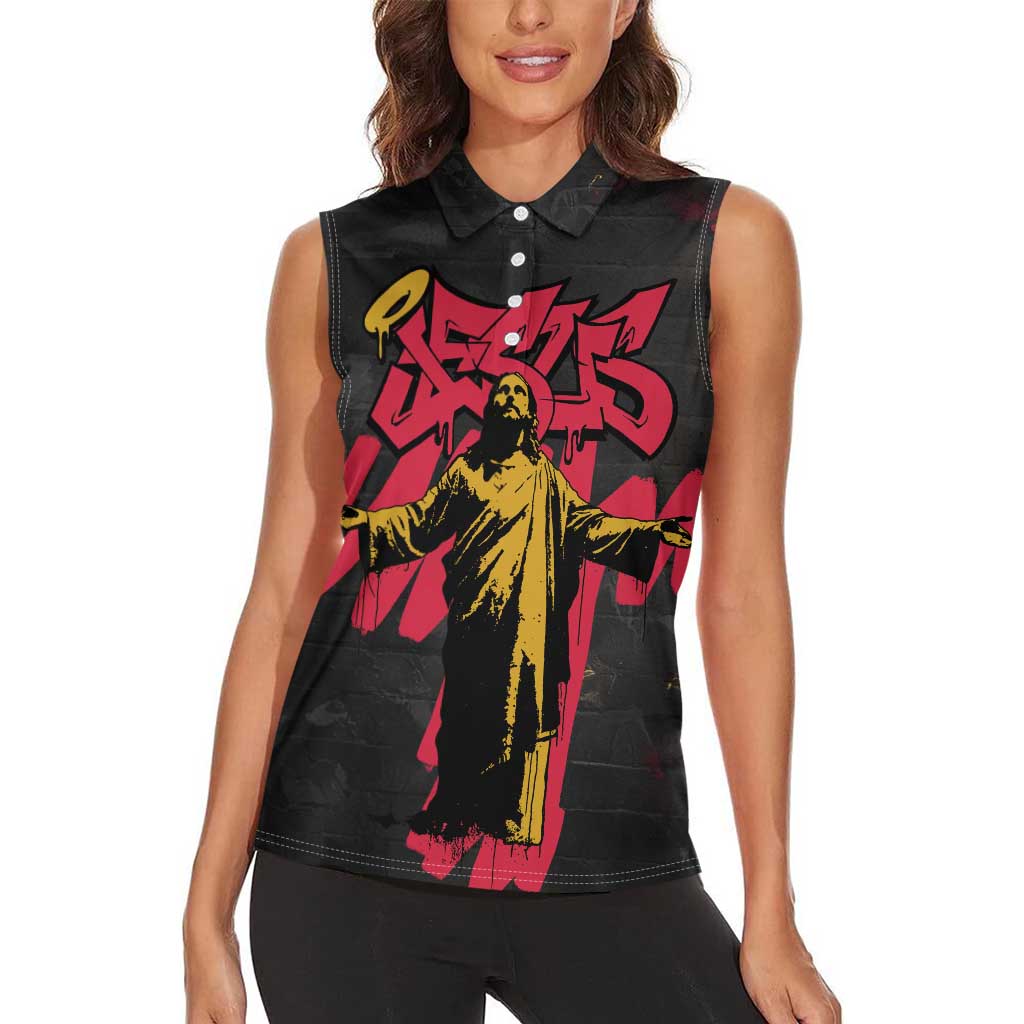 Jesus Graffiti Design Women Sleeveless Polo Shirt Crowned Portrait and Urban Street Art Style in Red Yellow Black Theme - Wonder Print Shop