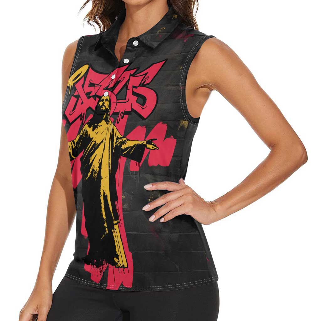 Jesus Graffiti Design Women Sleeveless Polo Shirt Crowned Portrait and Urban Street Art Style in Red Yellow Black Theme - Wonder Print Shop