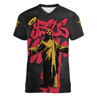 Jesus Graffiti Design Women V-Neck T-Shirt Crowned Portrait and Urban Street Art Style in Red Yellow Black Theme - Wonder Print Shop