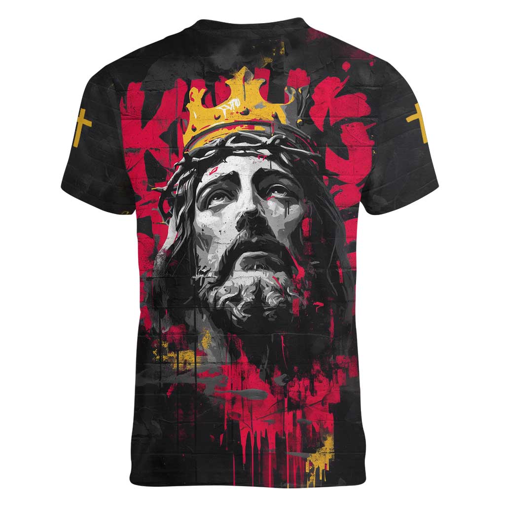 Jesus Graffiti Design Women V-Neck T-Shirt Crowned Portrait and Urban Street Art Style in Red Yellow Black Theme - Wonder Print Shop