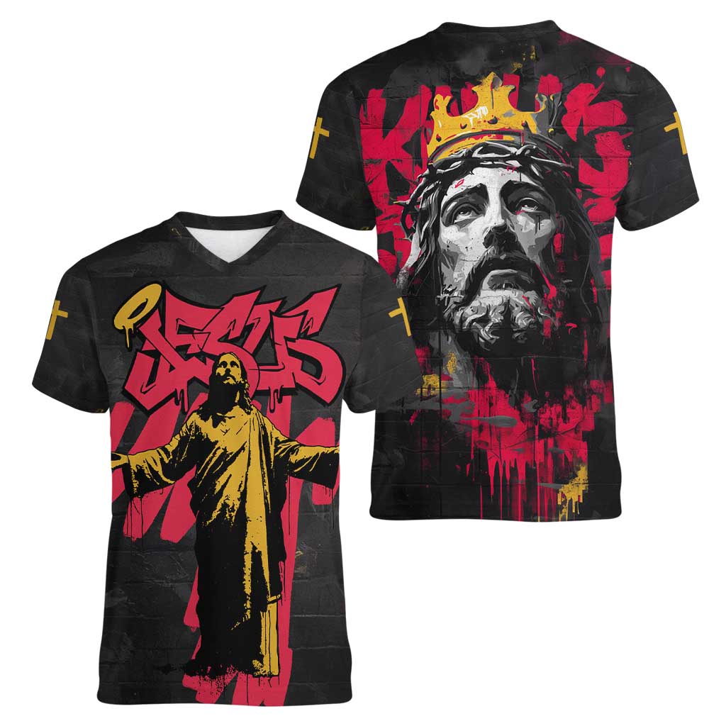 Jesus Graffiti Design Women V-Neck T-Shirt Crowned Portrait and Urban Street Art Style in Red Yellow Black Theme - Wonder Print Shop