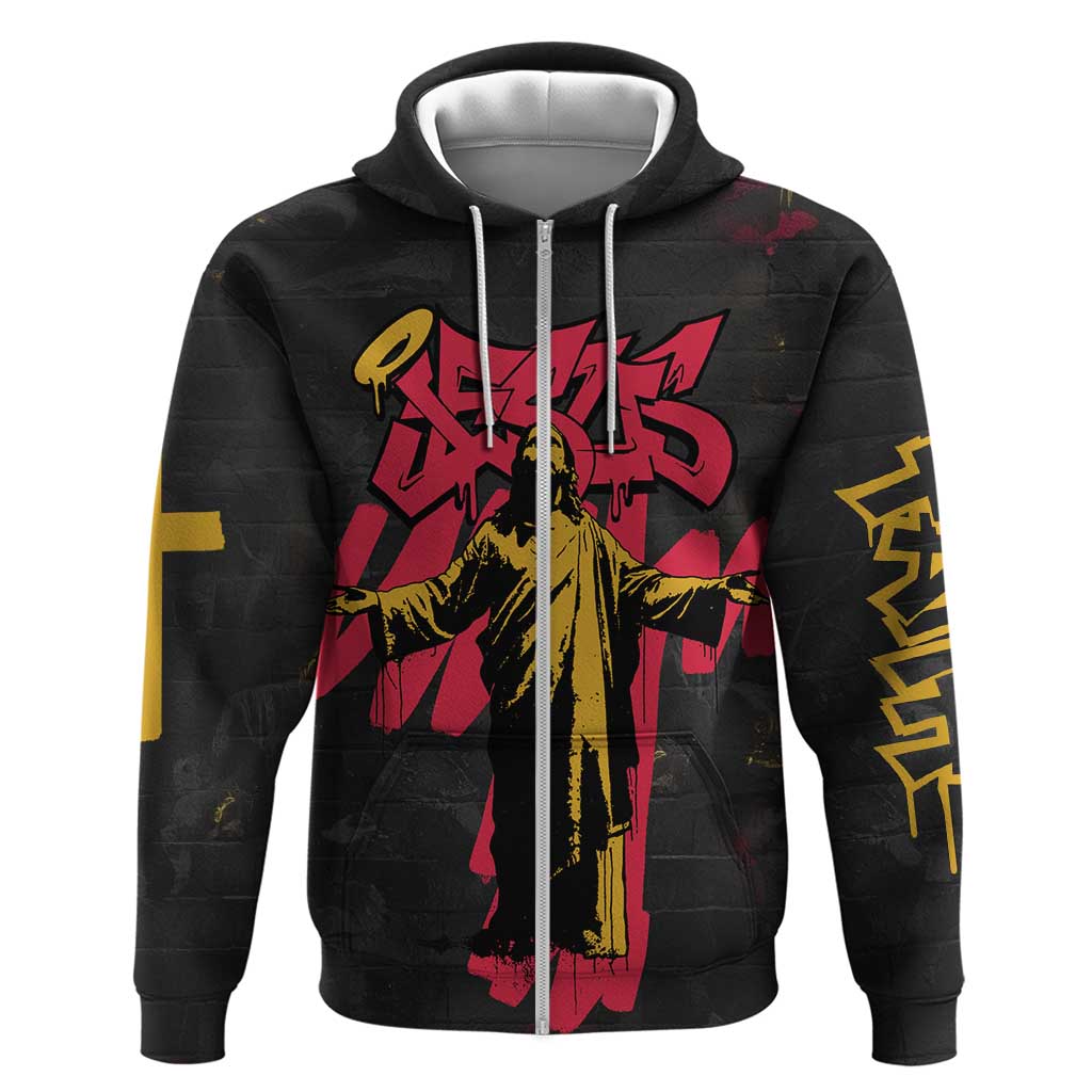 Jesus Graffiti Design Zip Hoodie Crowned Portrait and Urban Street Art Style in Red Yellow Black Theme - Wonder Print Shop