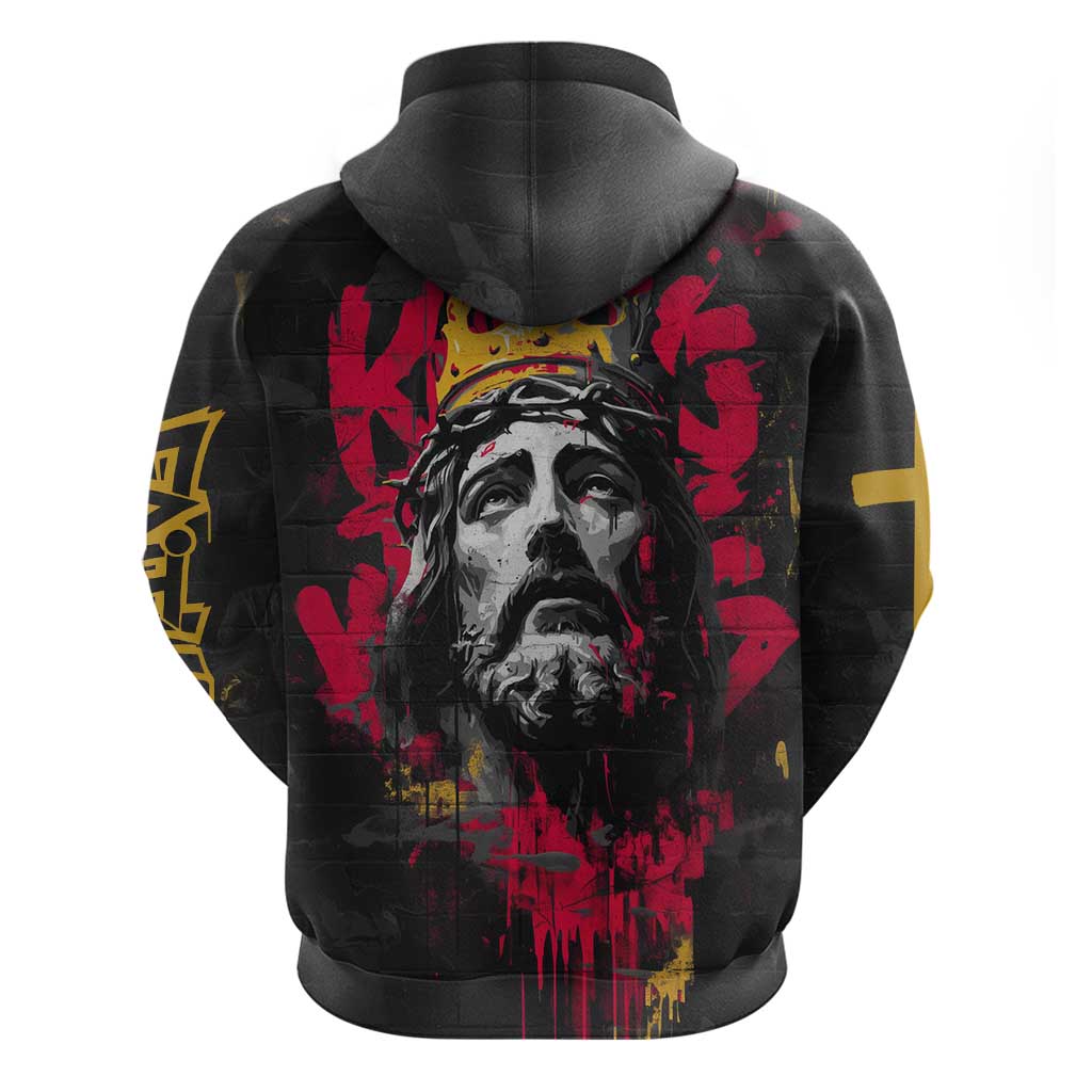 Jesus Graffiti Design Zip Hoodie Crowned Portrait and Urban Street Art Style in Red Yellow Black Theme - Wonder Print Shop