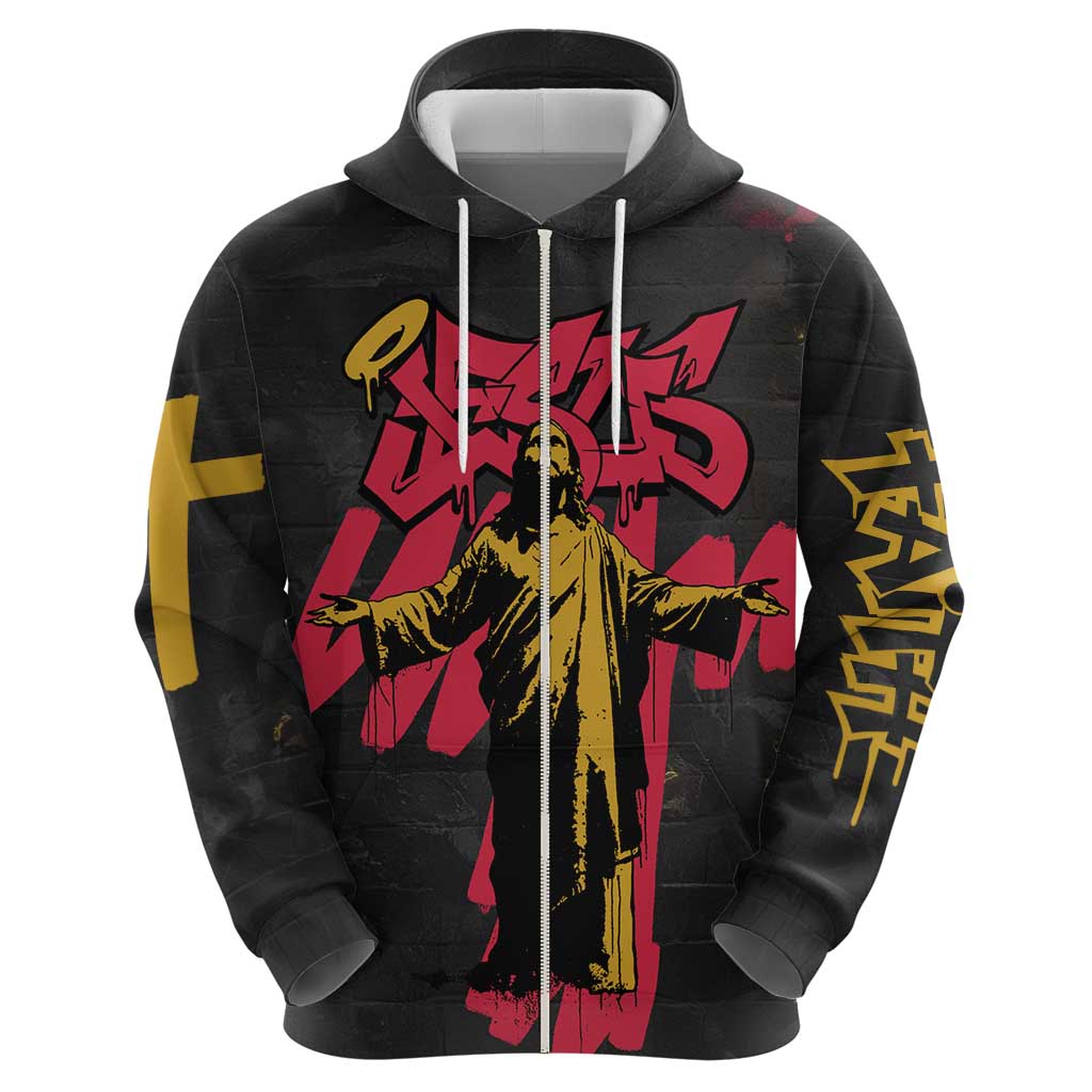 Jesus Graffiti Design Zip Hoodie Crowned Portrait and Urban Street Art Style in Red Yellow Black Theme - Wonder Print Shop