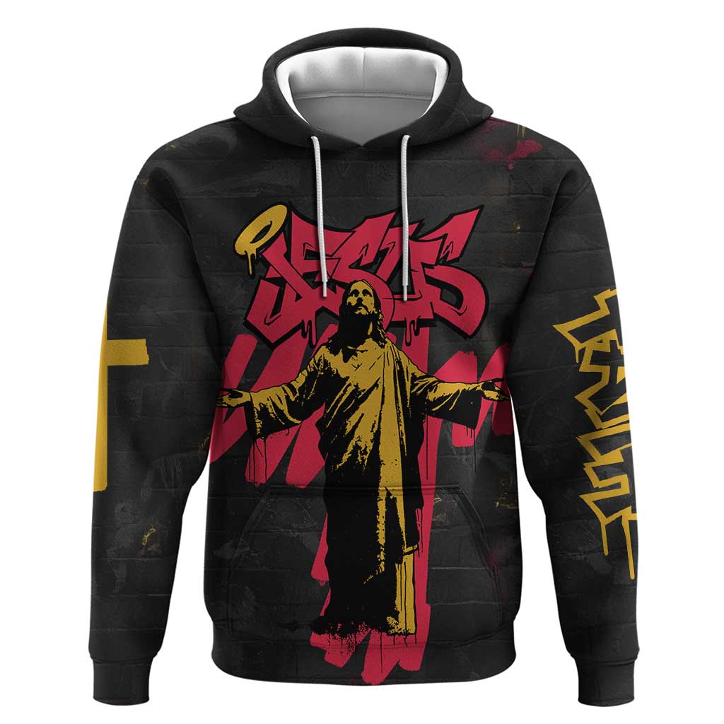 Jesus Graffiti Design Zip Hoodie Crowned Portrait and Urban Street Art Style in Red Yellow Black Theme - Wonder Print Shop