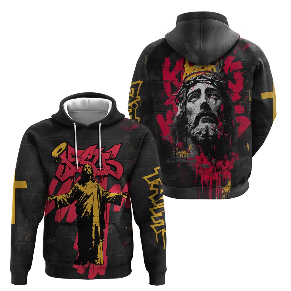 Jesus Graffiti Design Zip Hoodie Crowned Portrait and Urban Street Art Style in Red Yellow Black Theme - Wonder Print Shop