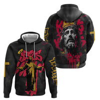 Jesus Graffiti Design Zip Hoodie Crowned Portrait and Urban Street Art Style in Red Yellow Black Theme - Wonder Print Shop
