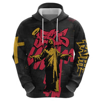 Jesus Graffiti Design Zip Hoodie Crowned Portrait and Urban Street Art Style in Red Yellow Black Theme - Wonder Print Shop