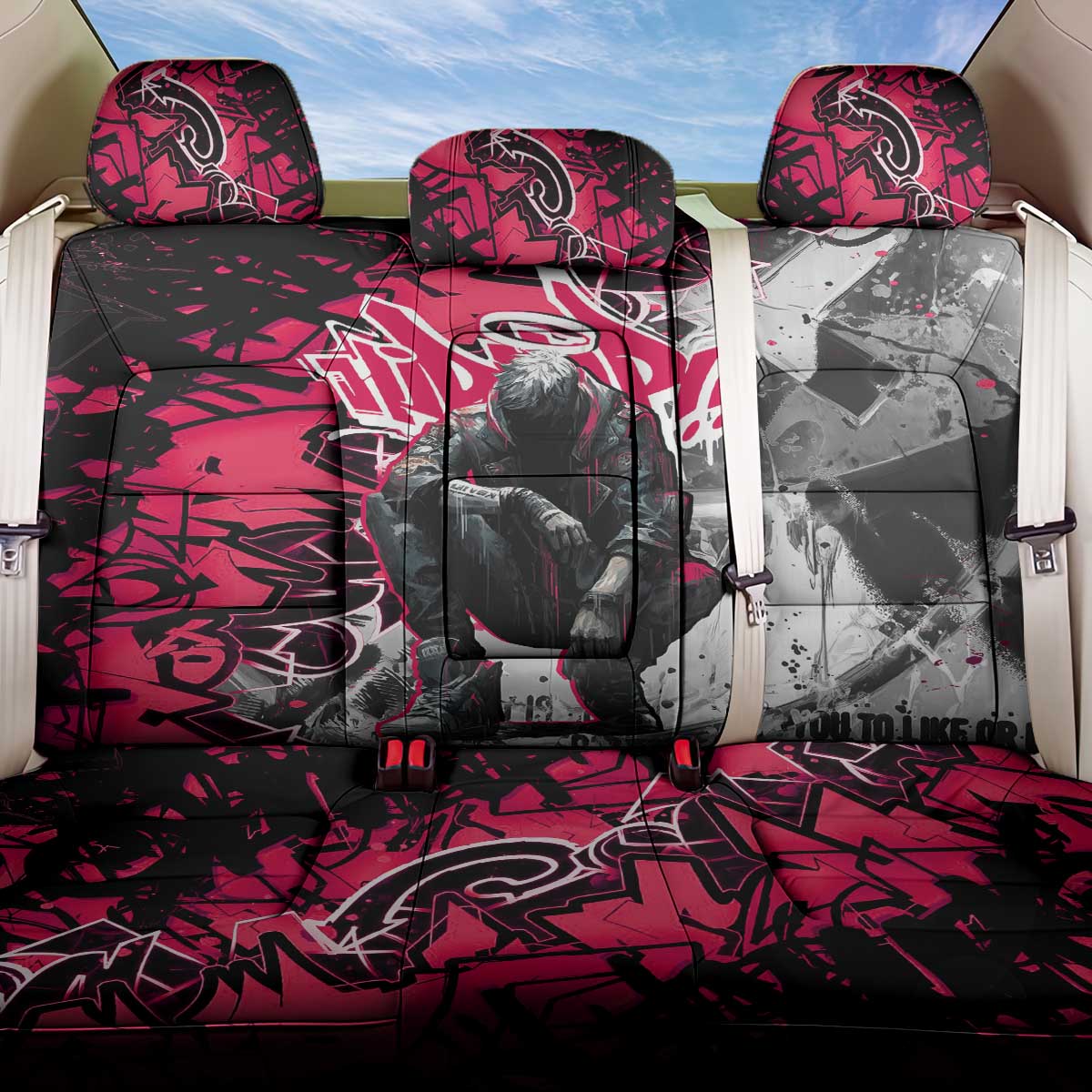 Hip Hop Graffiti Design Back Car Seat Cover Sitting Hooded Figure and Red Black Street Art Elements - Wonder Print Shop