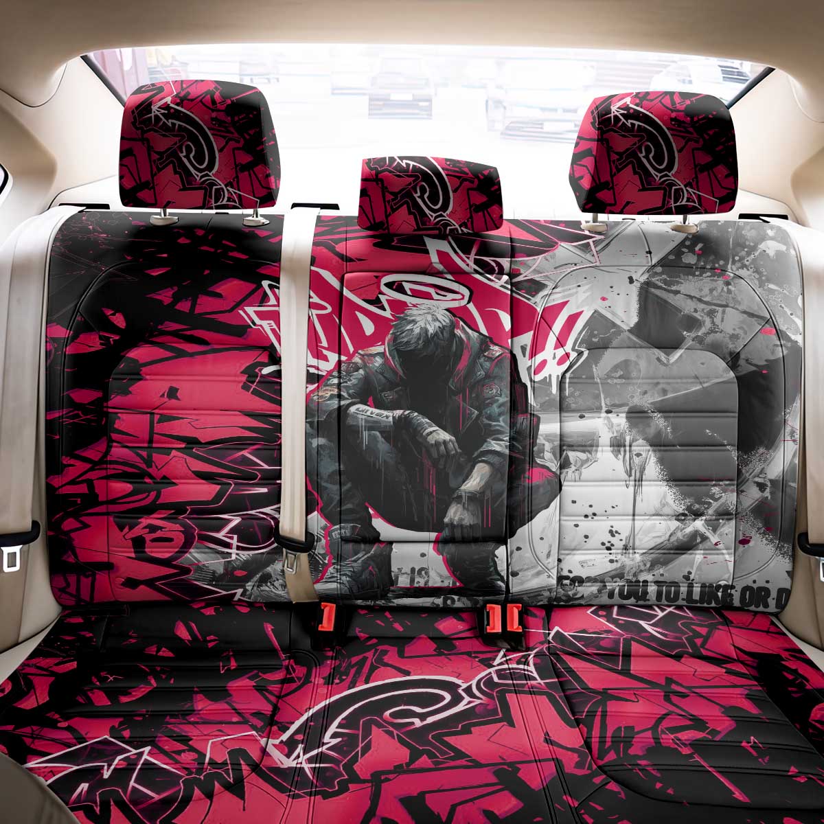 Hip Hop Graffiti Design Back Car Seat Cover Sitting Hooded Figure and Red Black Street Art Elements - Wonder Print Shop