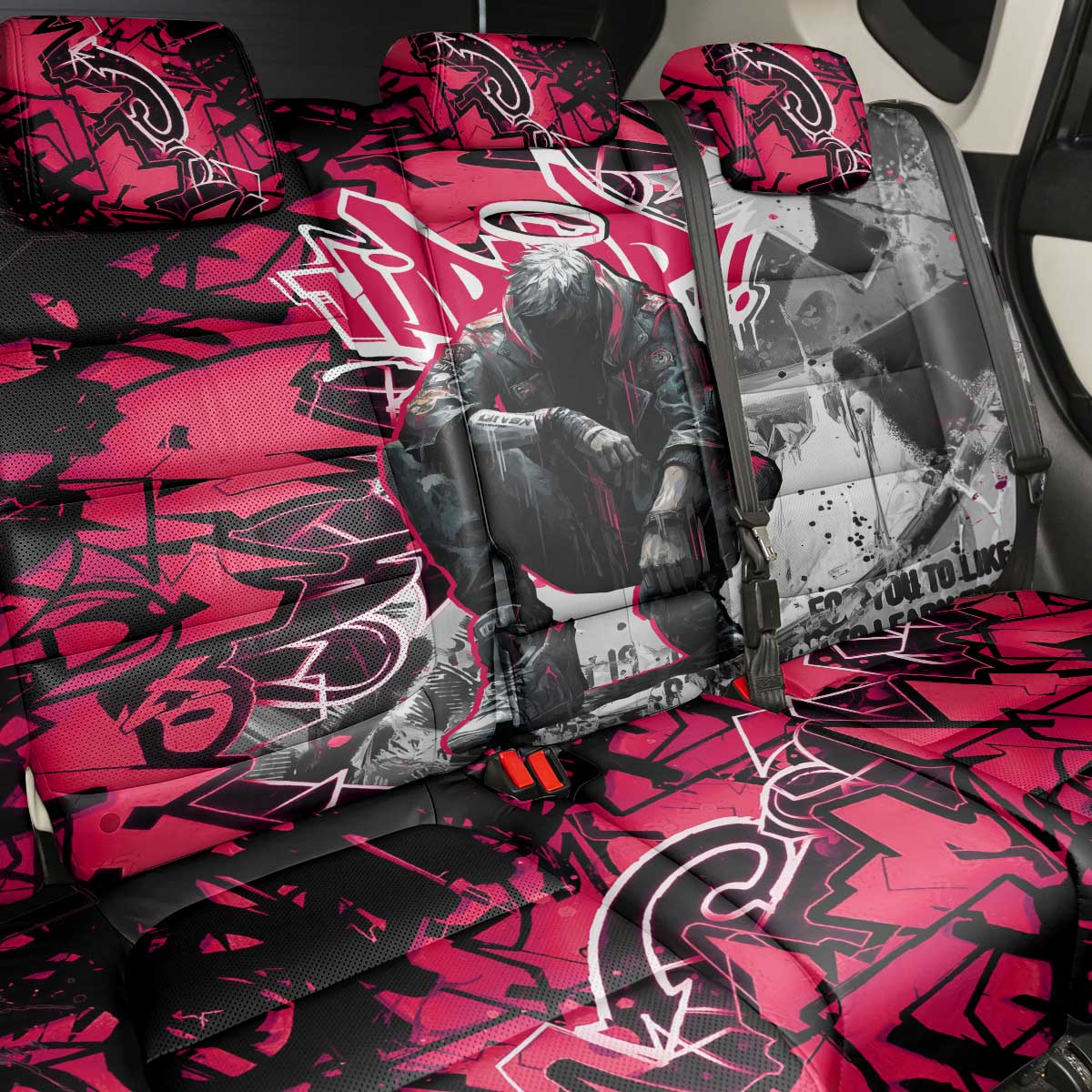 Hip Hop Graffiti Design Back Car Seat Cover Sitting Hooded Figure and Red Black Street Art Elements - Wonder Print Shop