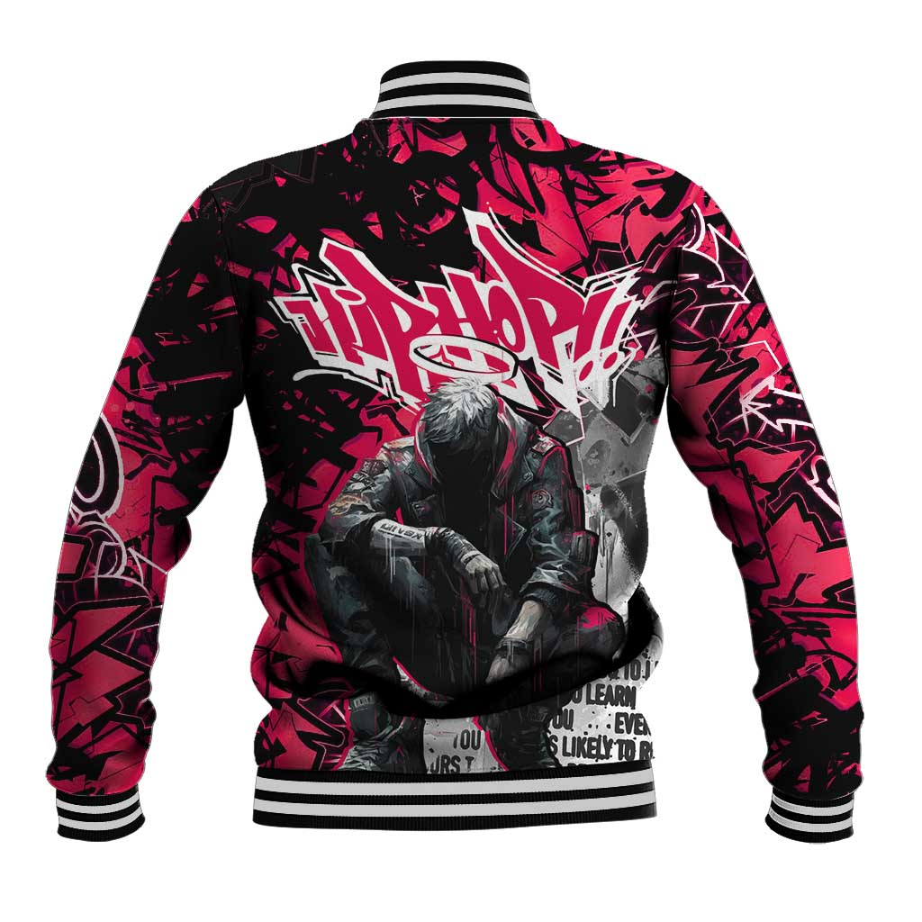 Hip Hop Graffiti Design Baseball Jacket Sitting Hooded Figure and Red Black Street Art Elements - Wonder Print Shop