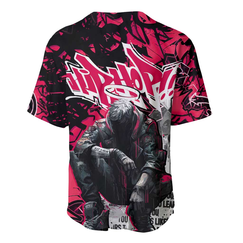 Hip Hop Graffiti Design Baseball Jersey Sitting Hooded Figure and Red Black Street Art Elements - Wonder Print Shop