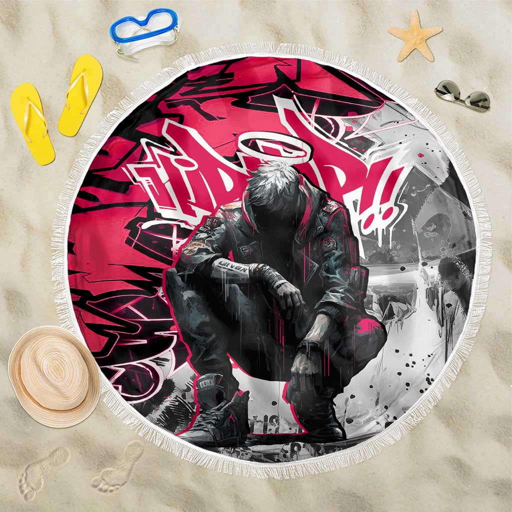 Hip Hop Graffiti Design Beach Blanket Sitting Hooded Figure and Red Black Street Art Elements - Wonder Print Shop