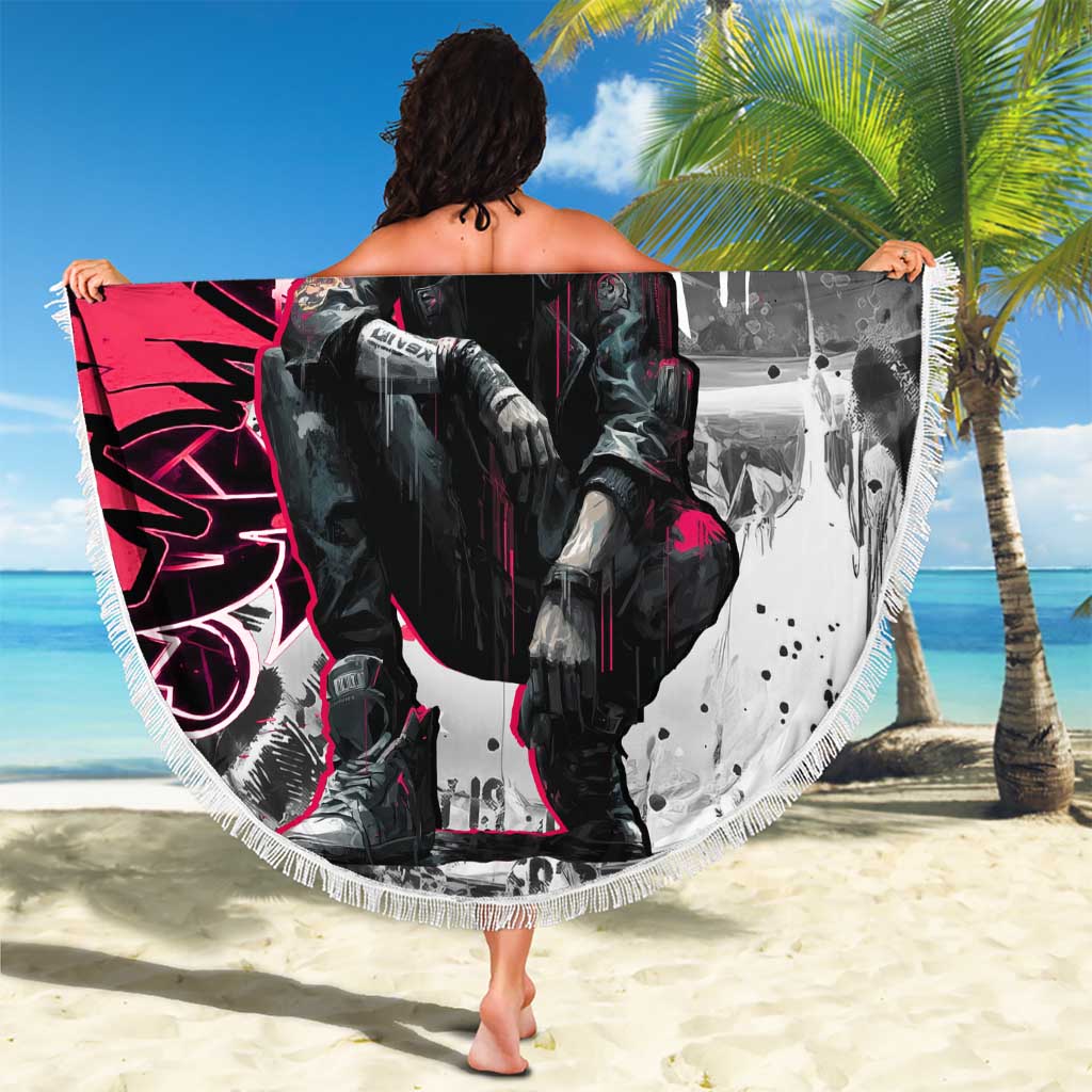 Hip Hop Graffiti Design Beach Blanket Sitting Hooded Figure and Red Black Street Art Elements - Wonder Print Shop