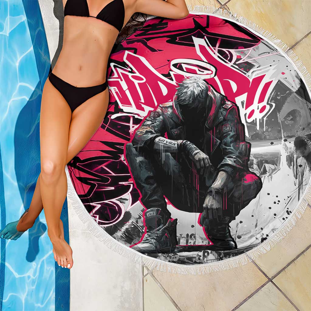 Hip Hop Graffiti Design Beach Blanket Sitting Hooded Figure and Red Black Street Art Elements - Wonder Print Shop