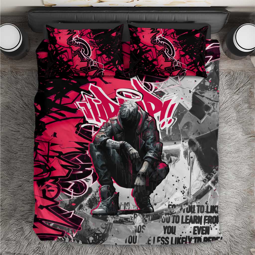 Hip Hop Graffiti Design Bedding Set Sitting Hooded Figure and Red Black Street Art Elements - Wonder Print Shop